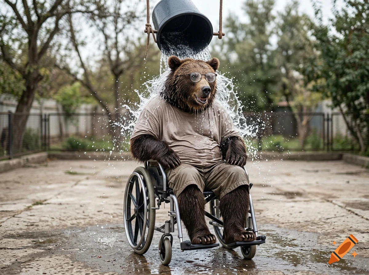 Photorealistic image of a brown bear wearing glasses, t-shirt, and shorts in a wheelchair, having water dumped on it from a bucket.
