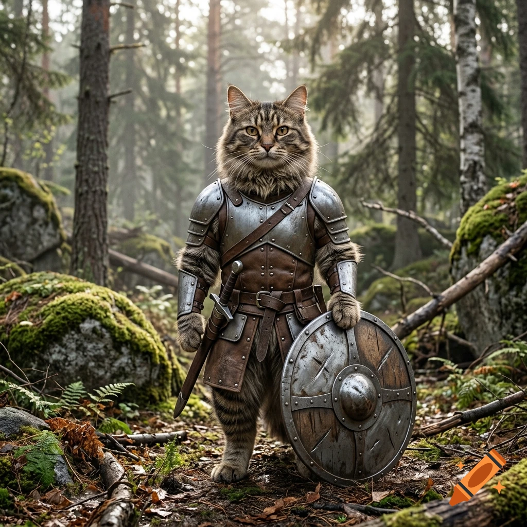 Photorealistic image of a tabby cat wearing medieval plate armor and holding a sword and shield in a mossy forest.