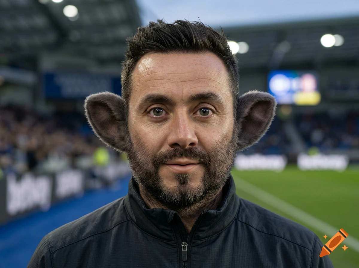 Close-up photorealistic portrait of a man with fuzzy grey animal ears on the sides of his head, standing in a stadium.