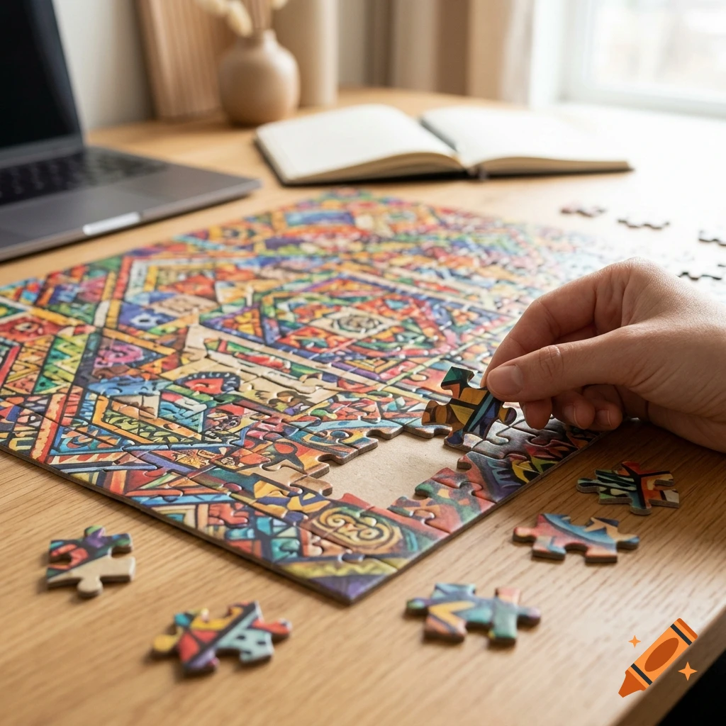 A person's hand placing a piece into an intricate, colorful jigsaw puzzle on a wooden desk with a laptop and notebook in the background.