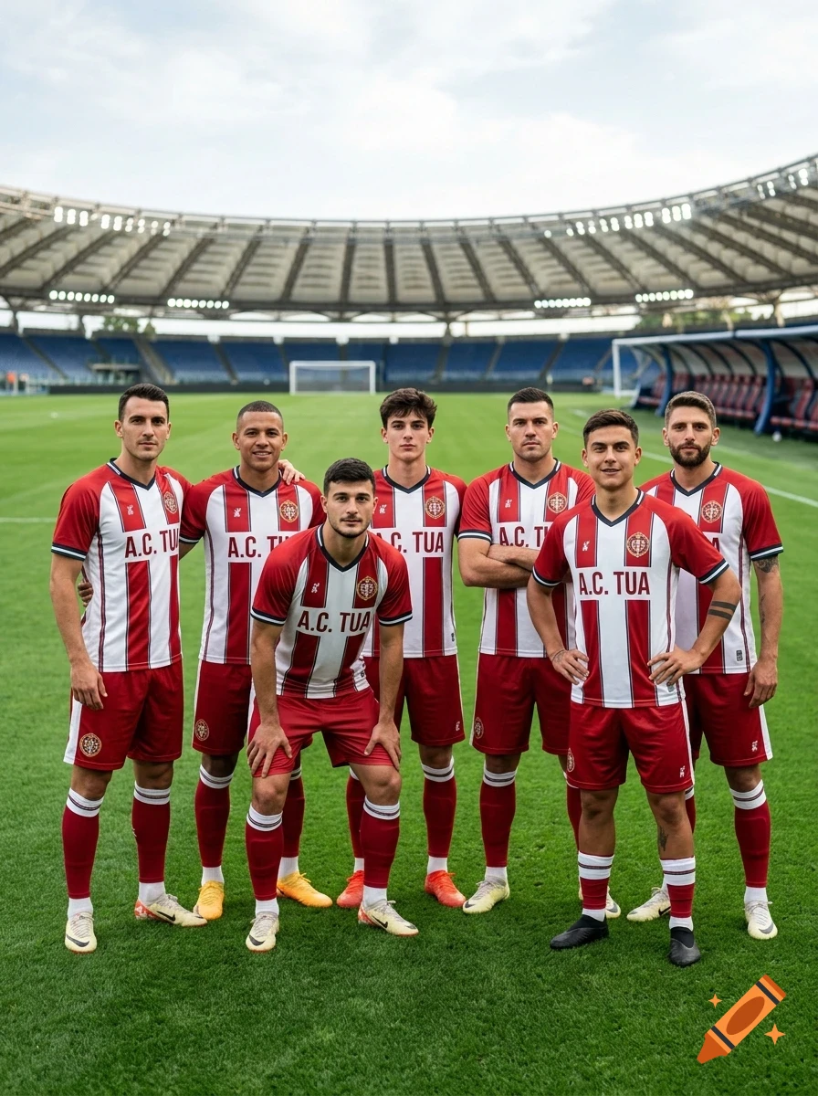 A full-length photo of a soccer team standing in formation on a green pitch inside a stadium, wearing red and white striped jerseys.