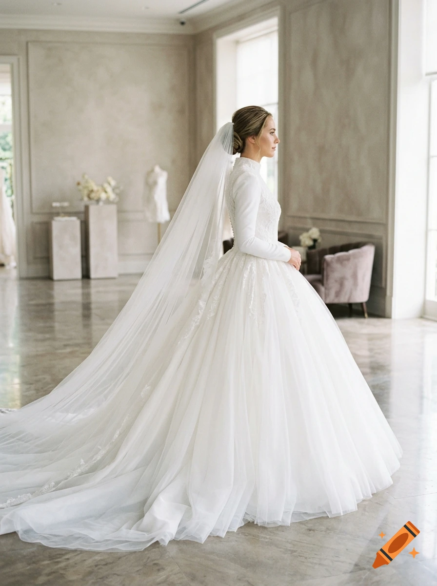 Side profile of a dark blonde woman in a grand white high-necked wedding dress with a long veil in an elegant room.