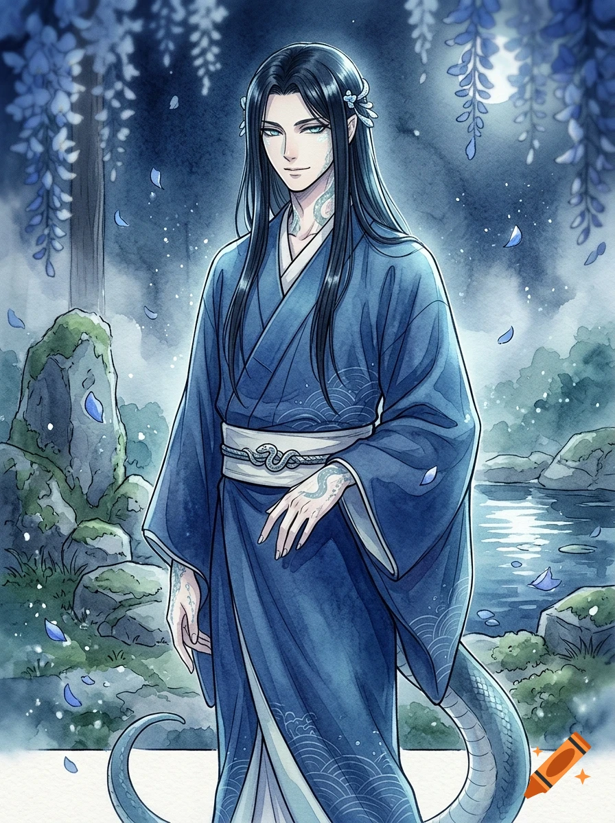 An anime-style illustration of a long-haired man with snake-like features, wearing a blue robe in a moonlit forest setting with a river.