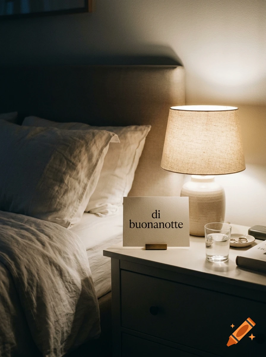Cozy bedroom interior with a bedside table, a lamp, a glass of water, and a sign reading di buonanotte.