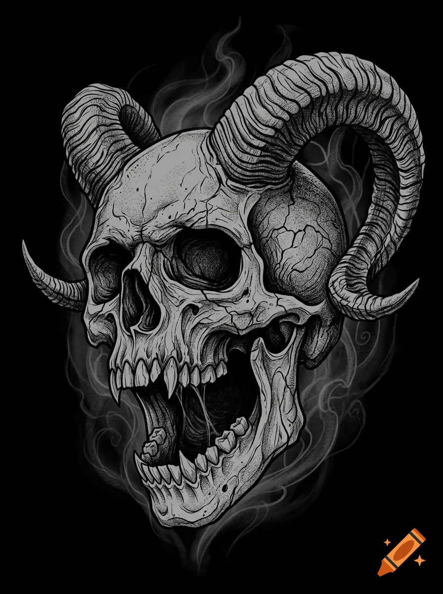 An ink and pencil illustration of a horned, snarling skull set against a dark background with wisps of smoke.
