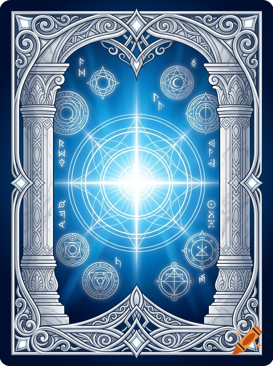 An ornate fantasy arched architectural frame surrounds a glowing blue background filled with magical geometric circles, runes, and a central radiant star.