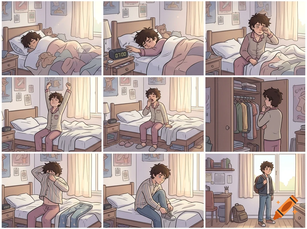 A nine-panel comic strip showing a boy waking up in his bedroom, turning off his alarm, getting out of bed, yawning, getting dressed, and preparing to leave for the day.