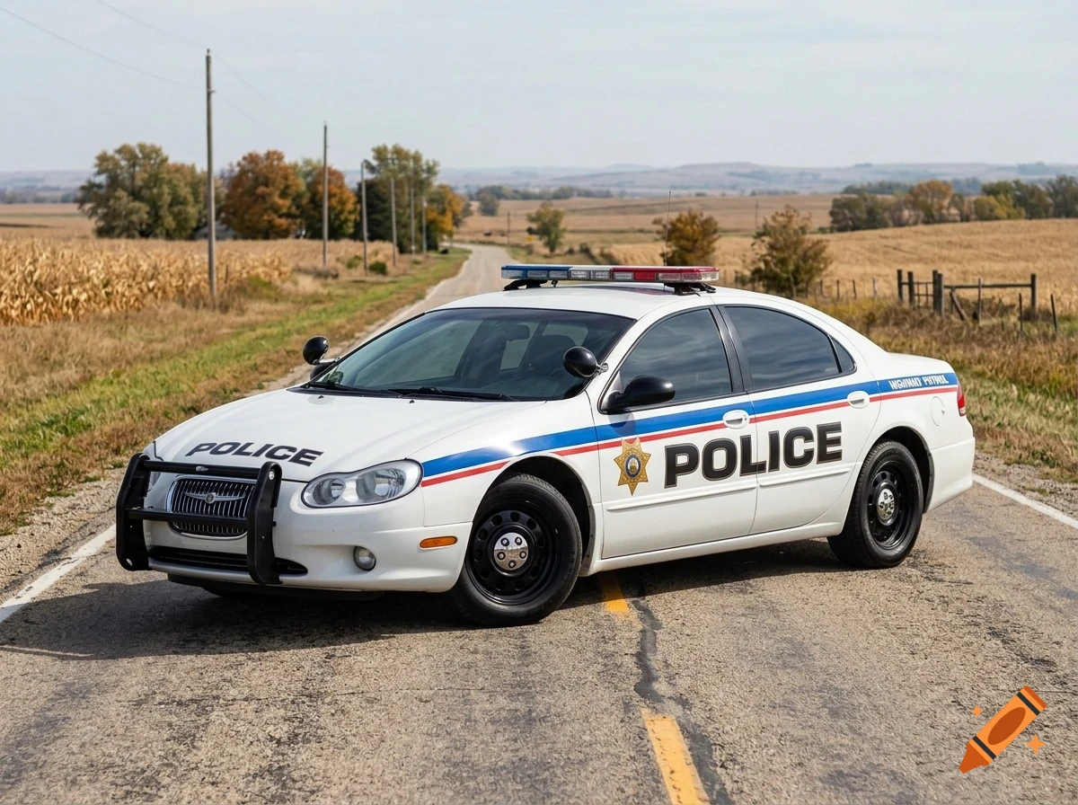 A white police car is parked on a paved country road next to fields and hills under an overcast sky.