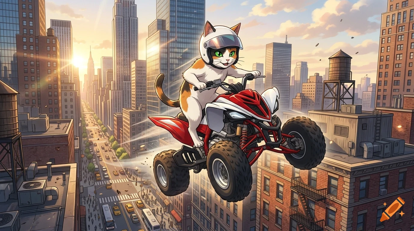 An illustrated calico cat wearing a helmet while riding a red and white ATV, jumping between buildings over a city street at sunset.