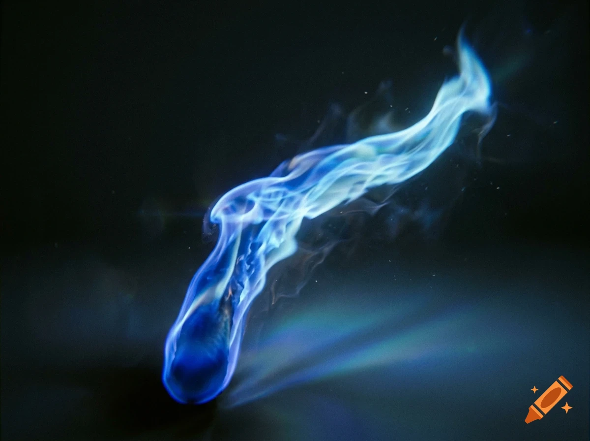 Swirling tendrils of luminous blue flame and smoke against a dark background.