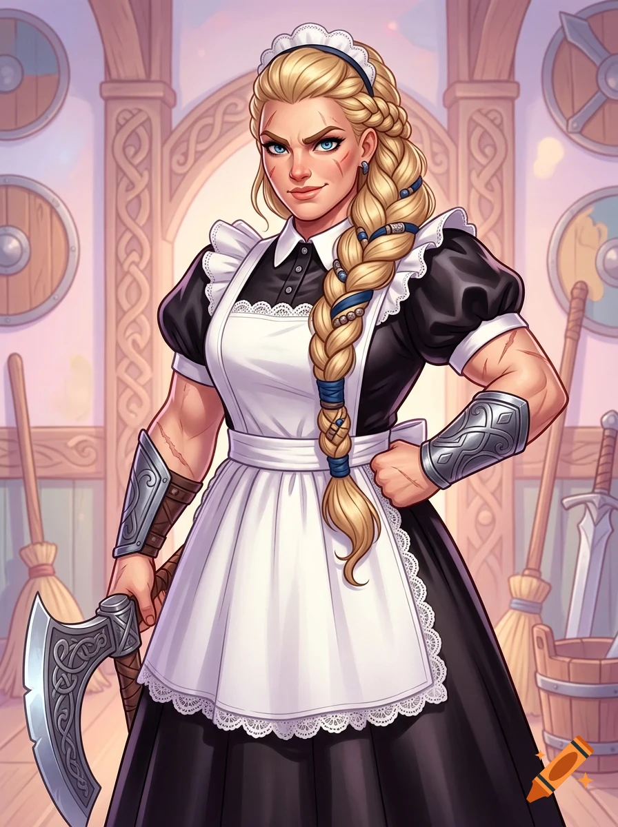 An illustration of a muscular blonde woman in a maid dress and apron, holding an axe inside a room with shields and weapons on the wall.