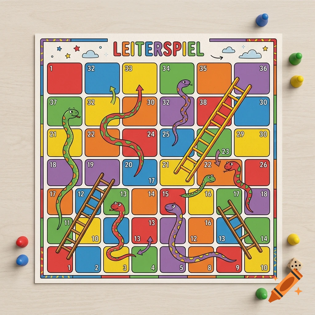 Top-down view of a colorful board game with snakes and ladders, numbered squares, and colored pawns on a wooden table.
