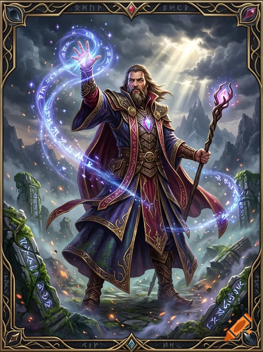 A bearded wizard in ornate purple and red robes casts magic with a glowing staff and swirling runes, standing amidst ancient ruins under a cloudy sky.