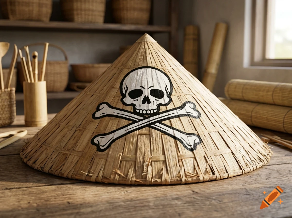 A conical woven straw hat featuring a painted skull and crossbones symbol on the front, resting on a rustic wooden table in a workshop.