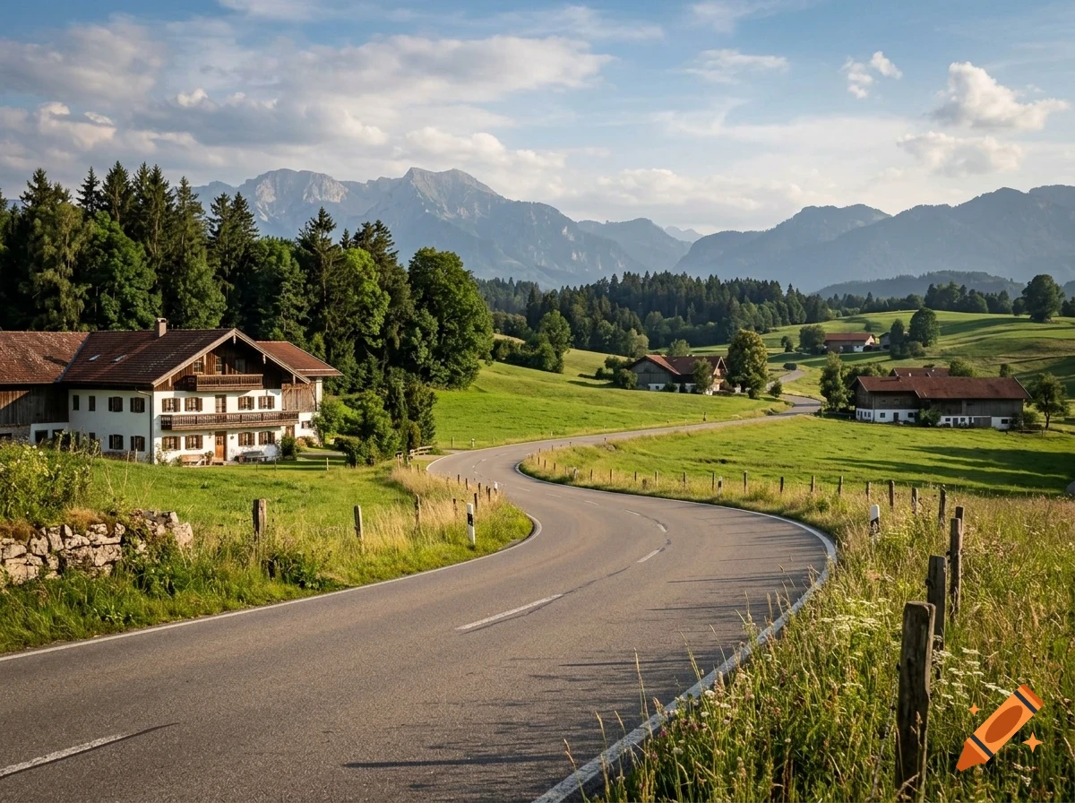 A winding asphalt road curves through a green alpine valley with traditional houses, pine forests, and distant mountains under a cloudy sky.