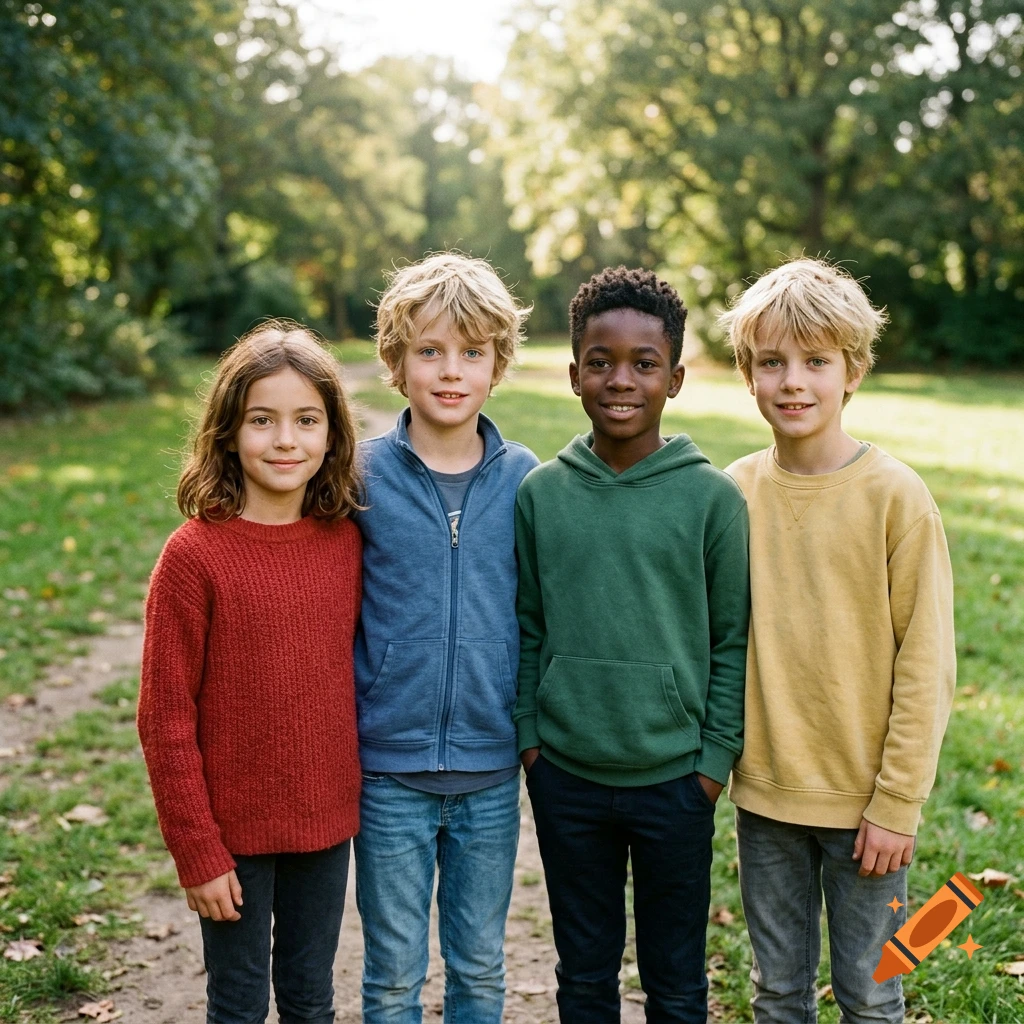 Four diverse children standing side by side in a grassy park, smiling at the camera.