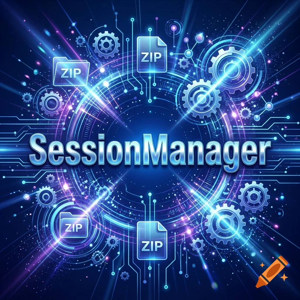 Futuristic digital interface graphic featuring the text SessionManager surrounded by glowing gears, circuit lines, ZIP file icons, and light beams against a blue background.