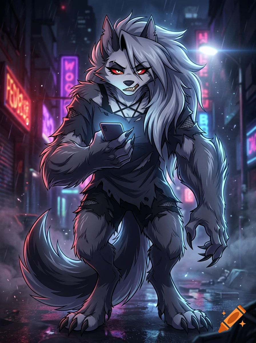 A monstrous werewolf woman with fluffy grey fur and sharp teeth looking at her phone in a neon-lit city alley at night, anime style.