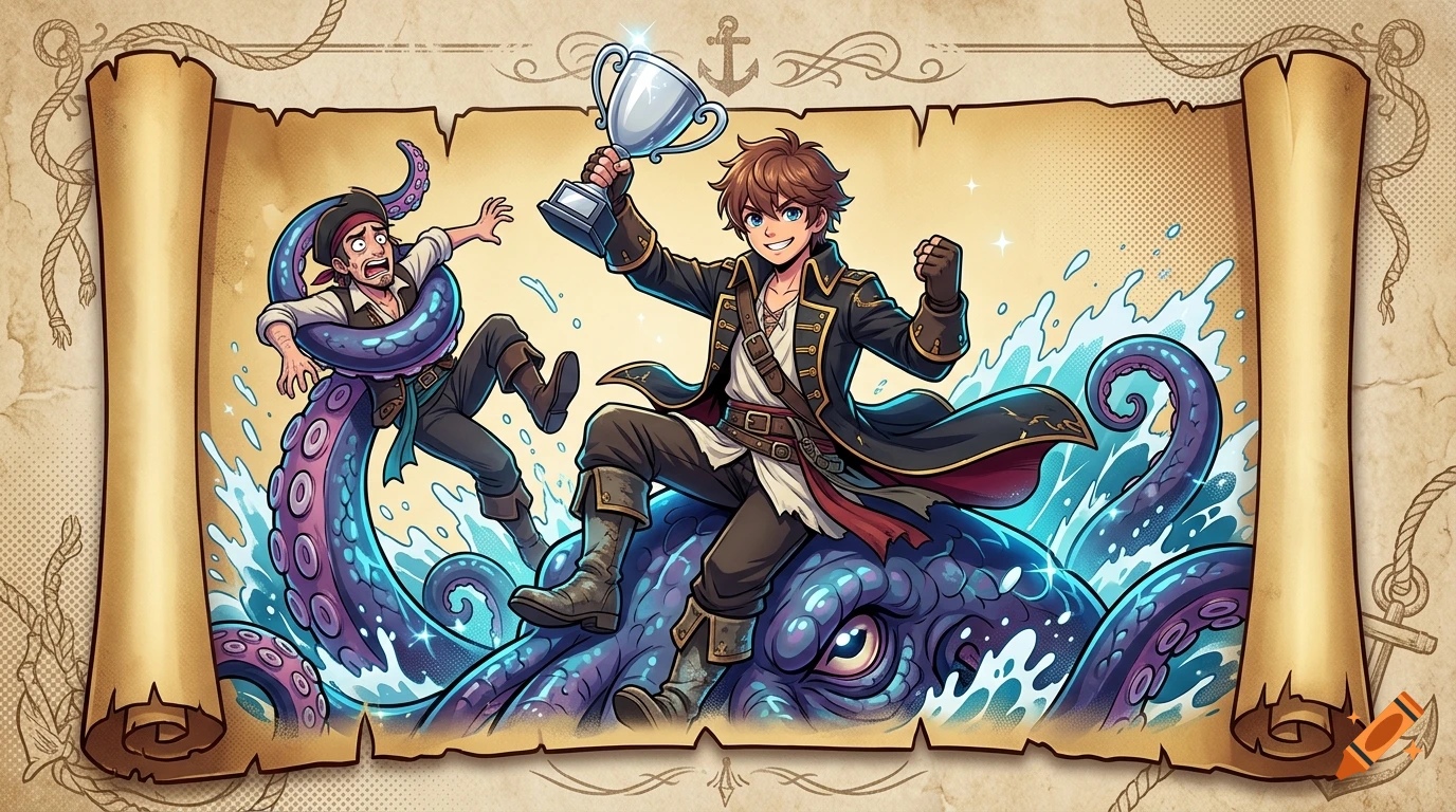 Anime style pirate sitting on a giant kraken holding a platinum trophy, with another scared pirate trapped in a tentacle.