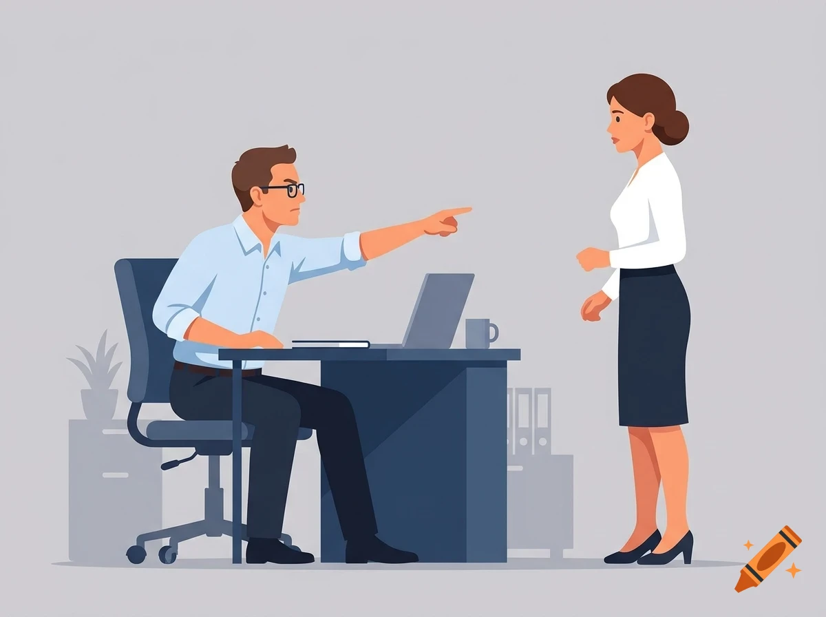 An angry office worker sitting at a desk points aggressively at a standing female colleague.
