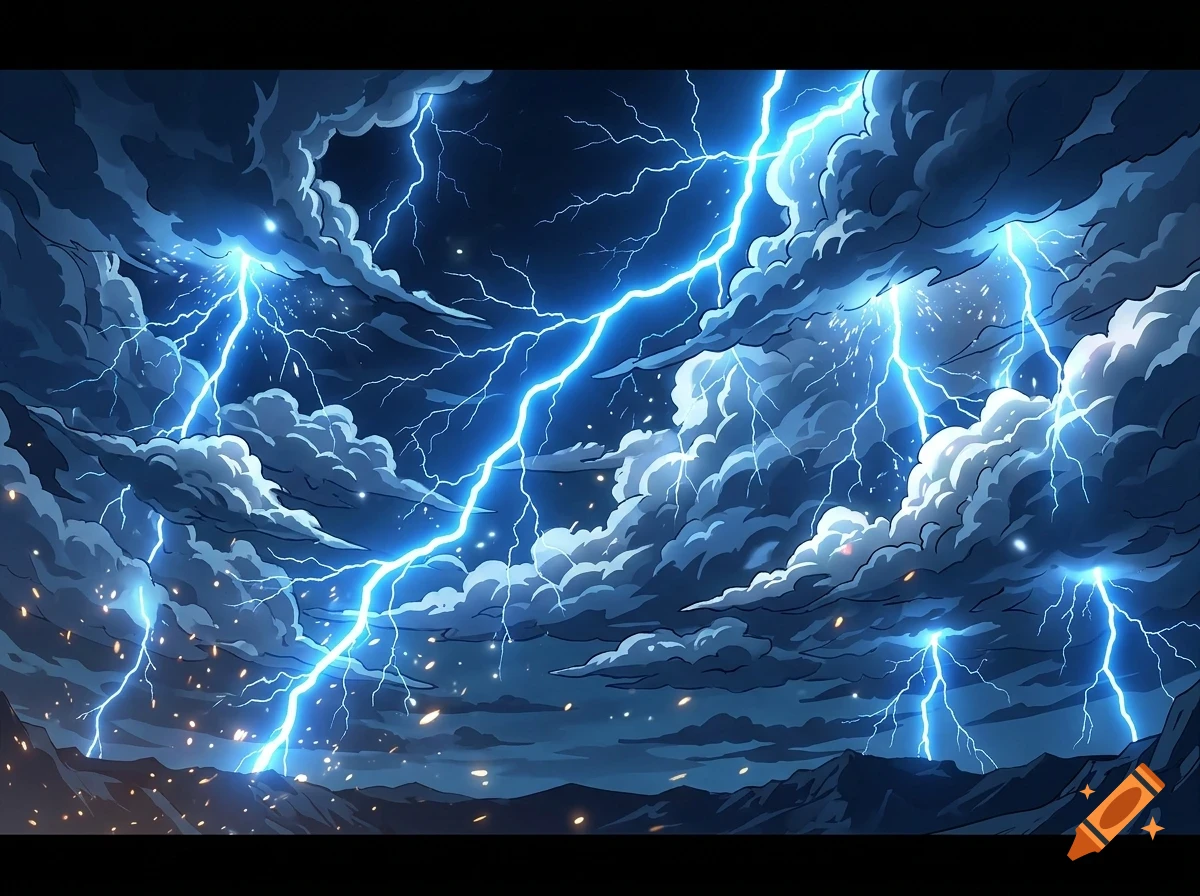 An illustrated night sky filled with dark, billowing storm clouds and multiple bolts of bright blue lightning striking across the horizon.