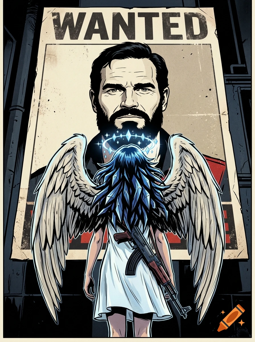 Comic book style illustration of an angel with blue crystal hair and wings holding an AK-47, standing before a wanted poster.