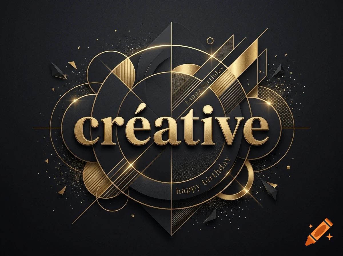 An abstract design featuring the word 'créative' in gold lettering against a dark background with geometric shapes and gold accents.