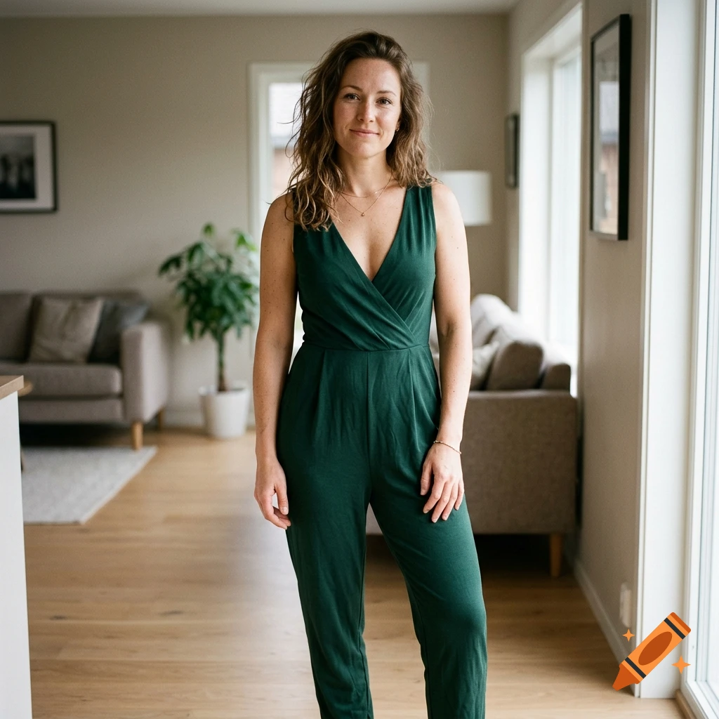 Photorealistic full-body portrait of a smiling woman wearing a dark green jumpsuit standing in a modern living room.