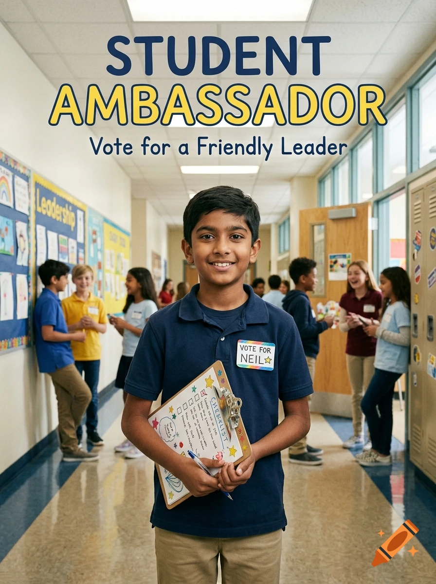 A friendly 5th-grade student ambassador holding a checklist in a school hallway, with a poster that reads STUDENT AMBASSADOR.