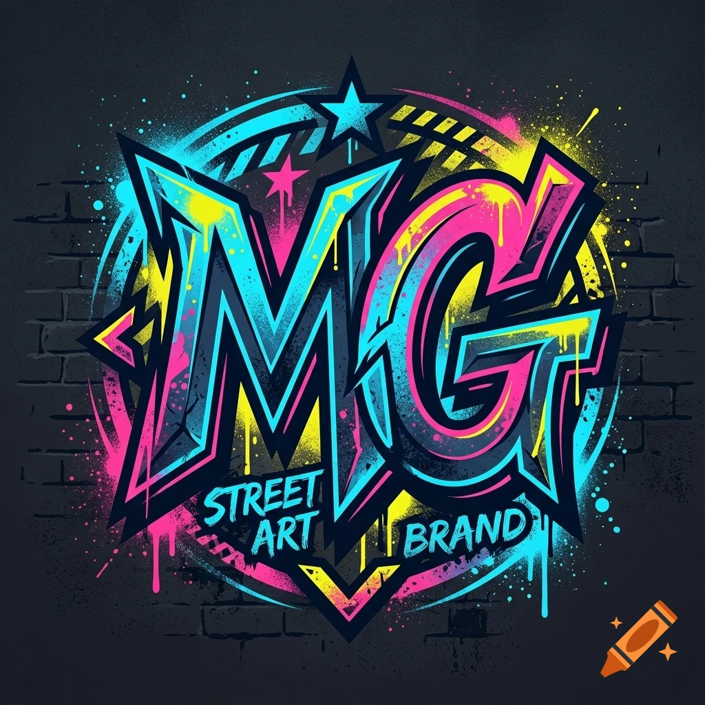 Graffiti style logo with large letters MG, surrounded by stars, circular geometric shapes, and colorful paint splatters on a dark brick wall.