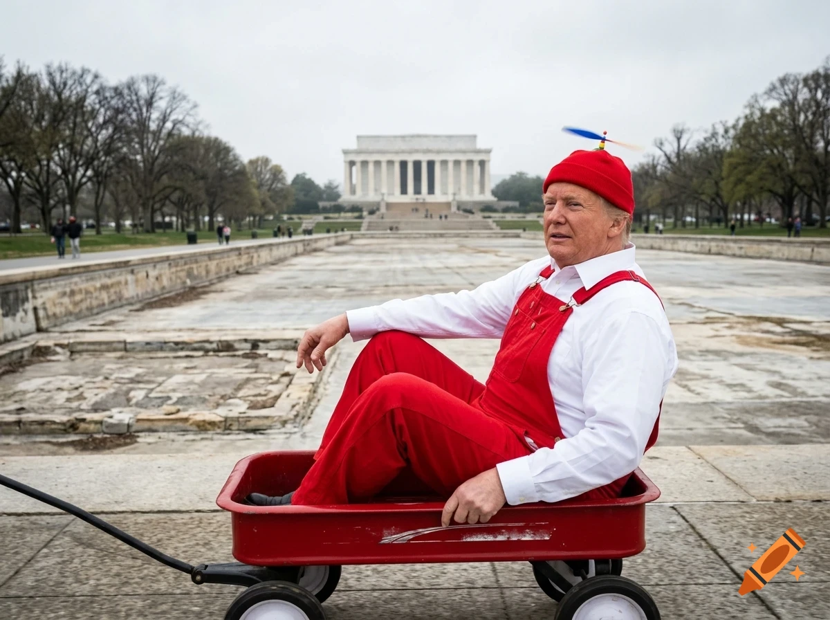 A man wearing red overalls and a propeller beanie rides in a red wagon near the Lincoln Memorial.
