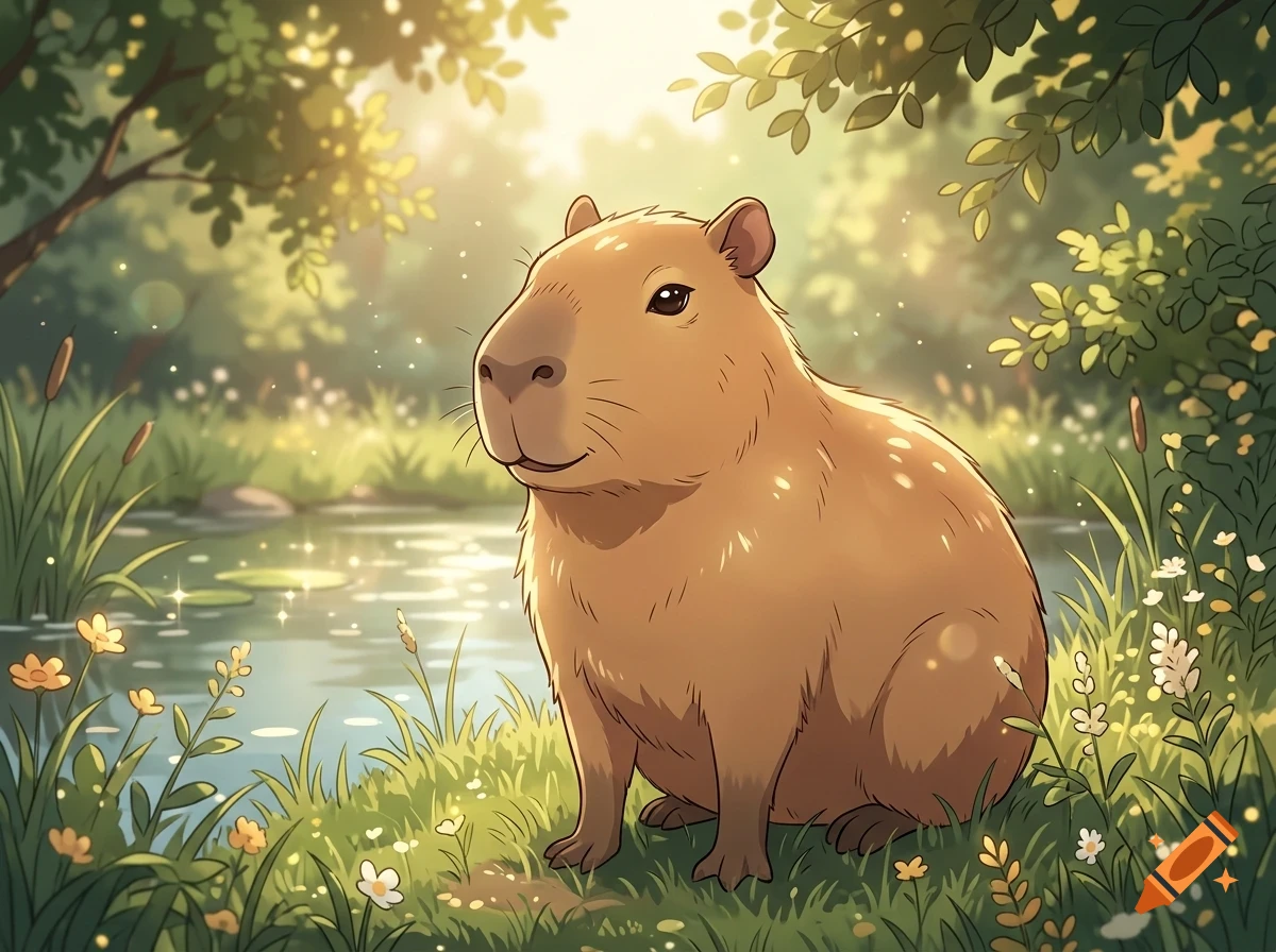 A cute capybara sitting by a tranquil riverbank surrounded by lush green grass, wildflowers, and trees bathed in warm sunlight.