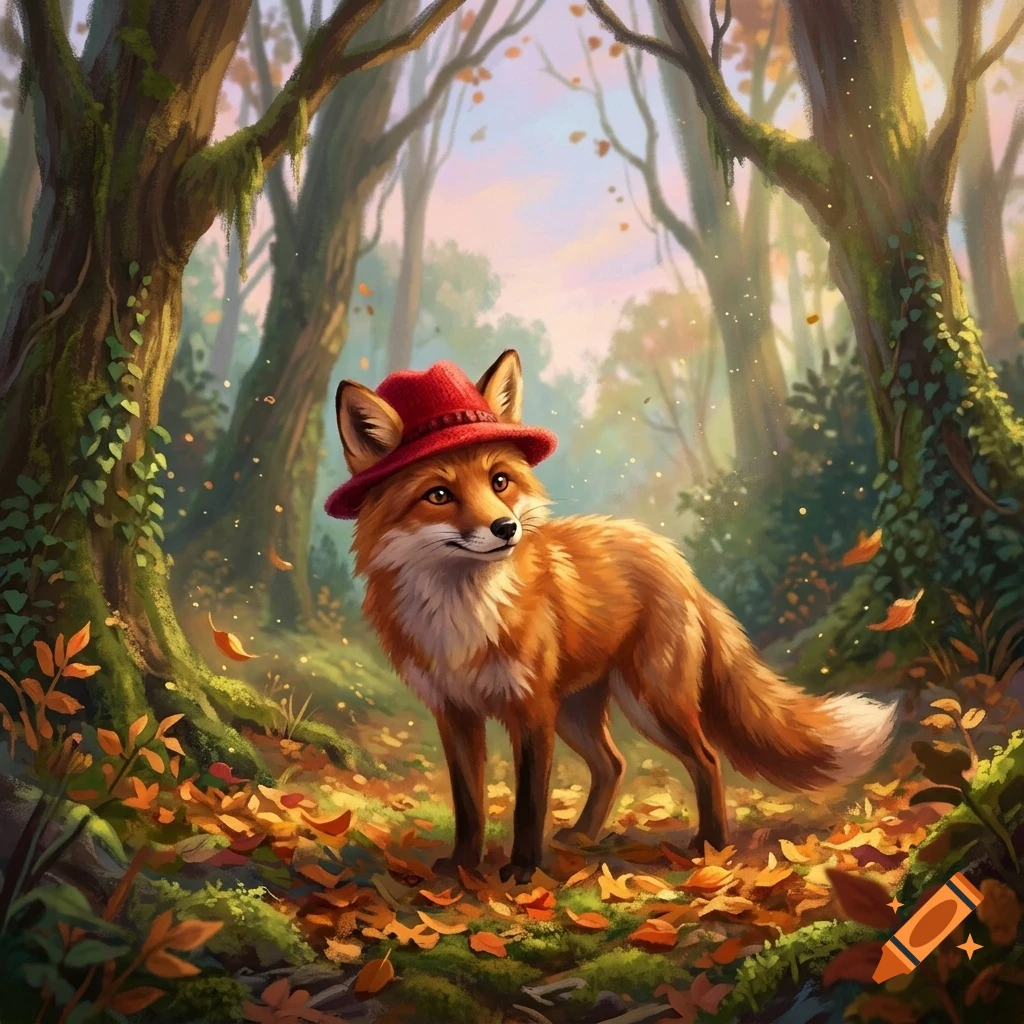 An illustration of a red fox wearing a small red hat, standing in a lush forest with autumn leaves on the ground.