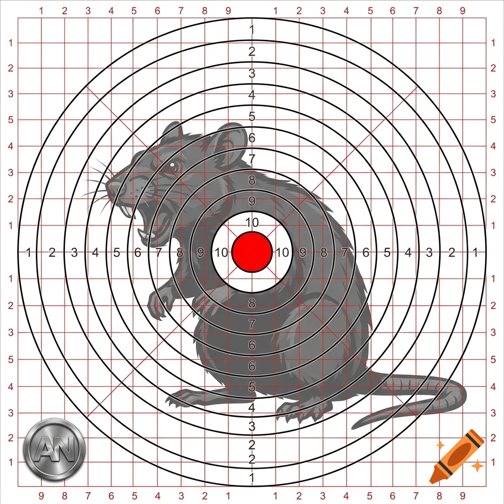 A shooting target with concentric numbered rings, a MOA grid, a silver AN logo, and an aggressive rat illustration in the background.