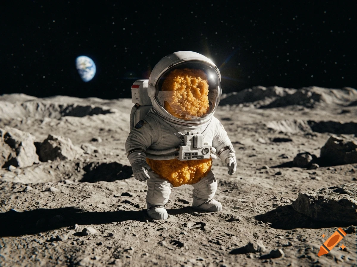 An astronaut with a chicken nugget head and body stands on the rocky lunar surface with Earth visible in the dark starry sky.