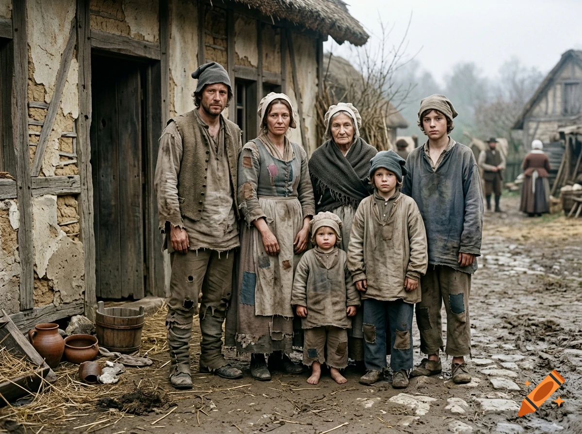 Photorealistic image of a poor family in historical French peasant clothing standing outside a mud-brick cottage.
