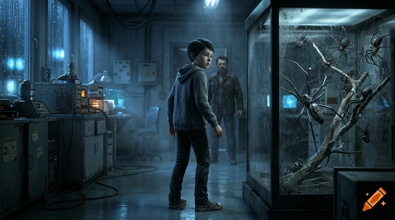 A young boy in a gray hoodie looks into a large glass terrarium filled with spiders in a dimly lit, blue-toned research laboratory.