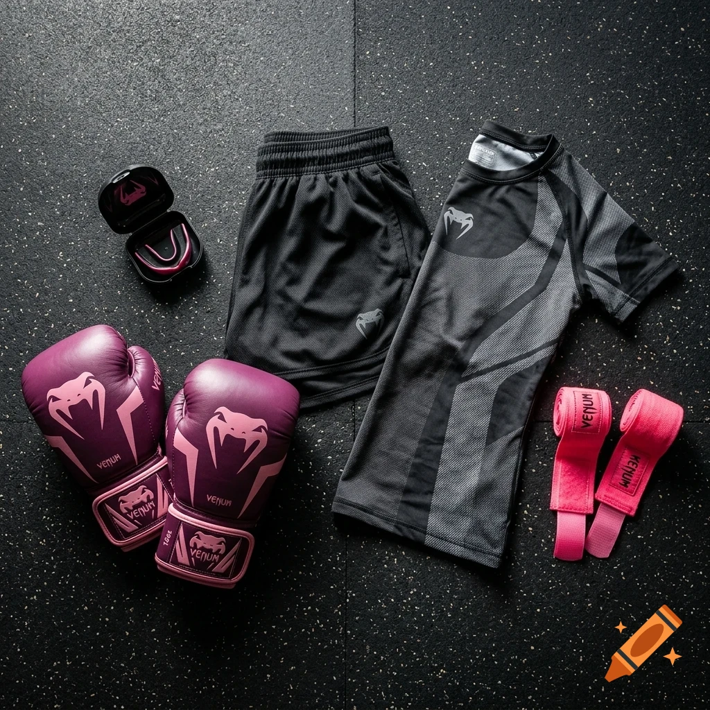 An overhead view of a set of combat sports gear including purple and pink boxing gloves, matching hand wraps, a mouthguard in a case, black shorts, and a grey and black rash guard on a black gym floor.