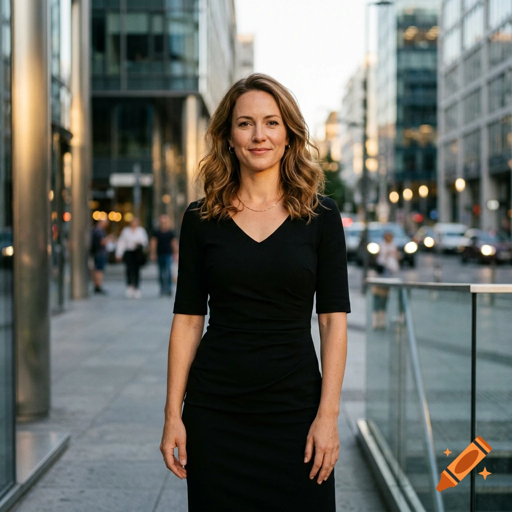 Photorealistic portrait of a woman in a black dress standing on a city street.