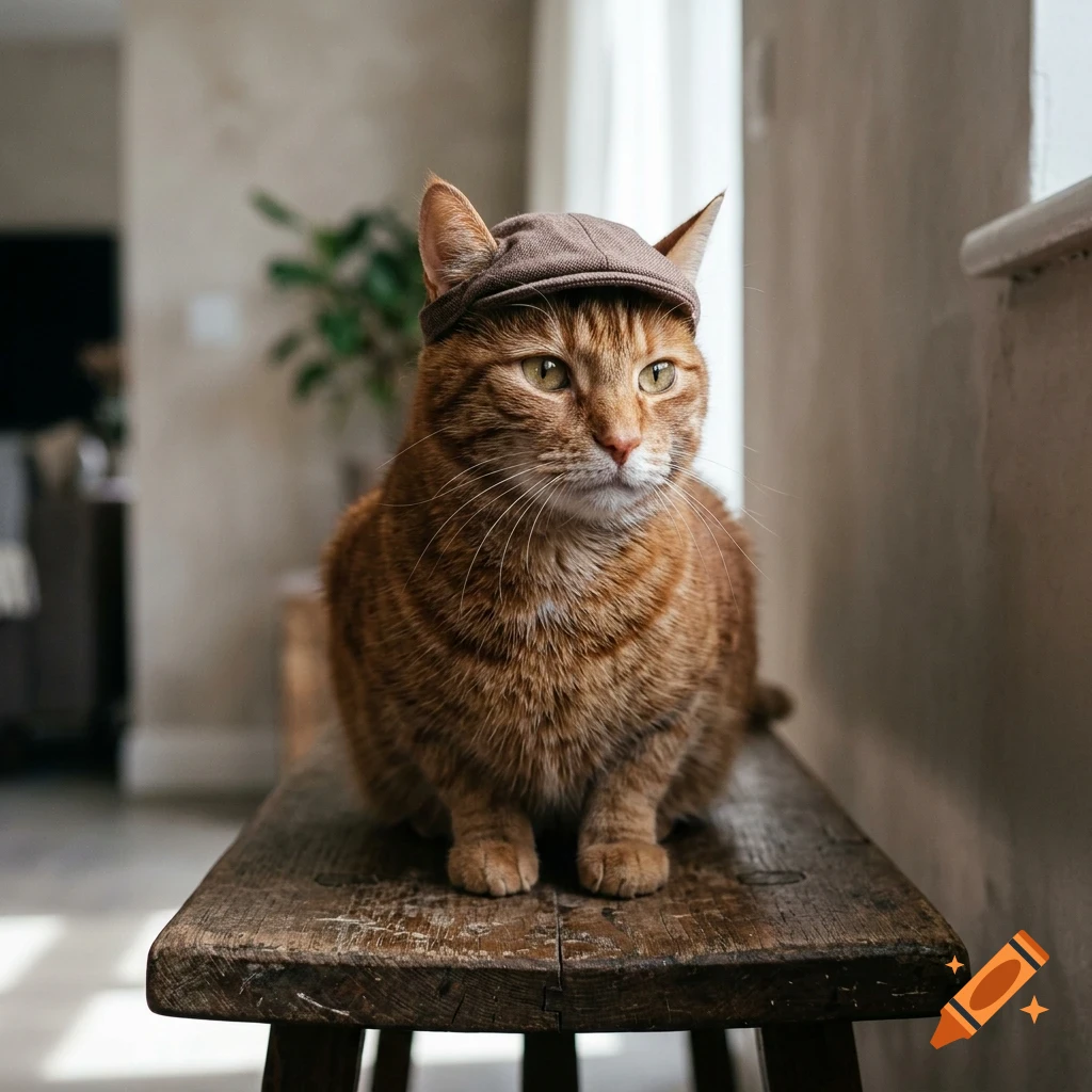 An orange tabby cat wearing a small brown cap sits on a rustic wooden bench indoors.