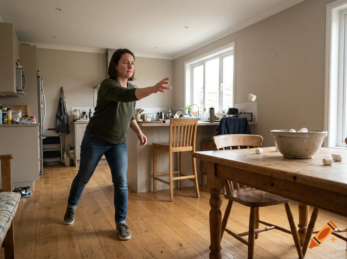A woman in a kitchen throwing a marshmallow toward a bowl on a wooden table, photorealistic.