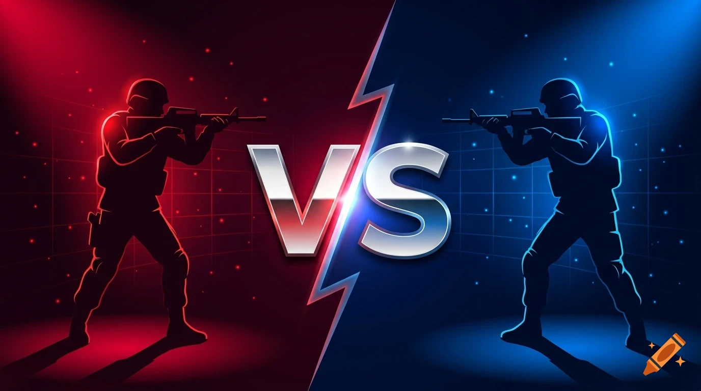 An illustration of two armed soldiers facing off with a large 'VS' sign between them, split by a red and blue lighting effect.