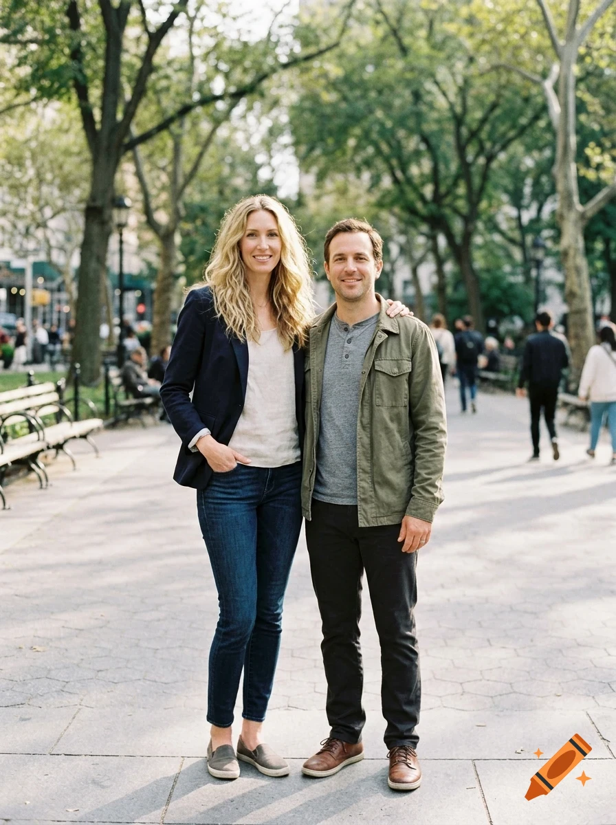 A man and woman standing together in a park setting, posing for a full-body portrait.