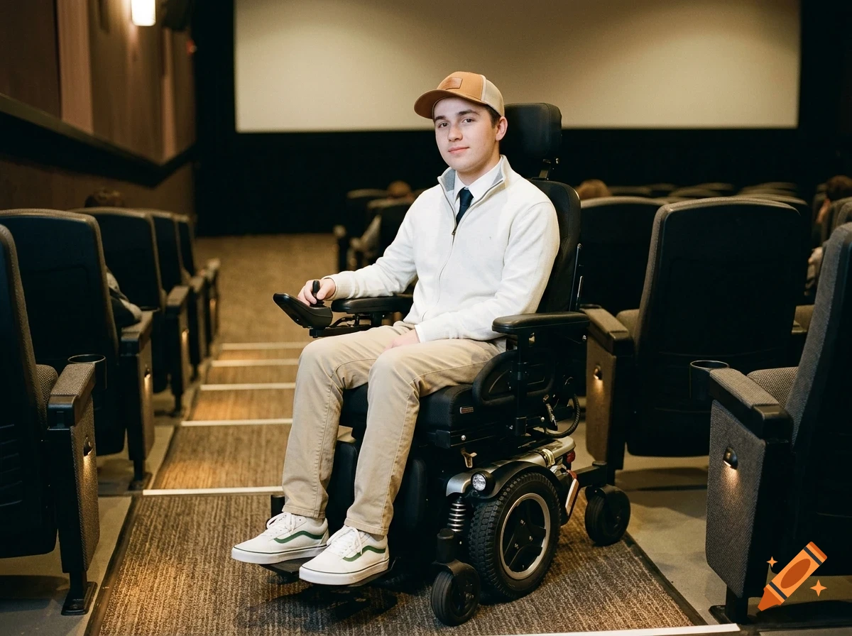 A young man sitting in a motorized wheelchair in a movie theater.