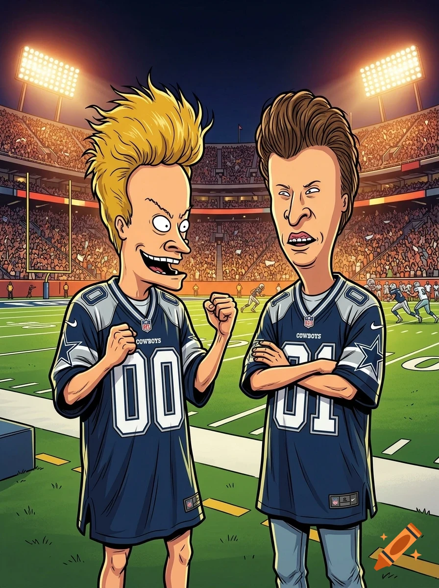 Beavis and Butt-Head wearing football jerseys standing on a football field in a stadium at night.