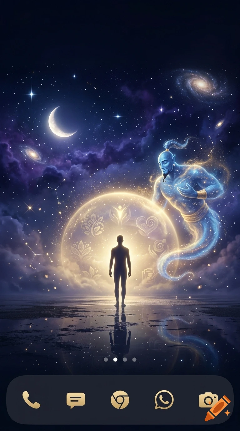 A glowing silhouette of a human standing under a crescent moon and starry galaxy, with a magical blue genie appearing beside them.