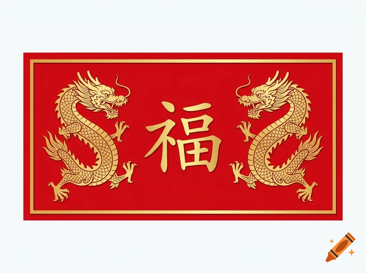 A red rectangular banner featuring gold embossed imagery, including two dragons facing a central Chinese character symbolizing fortune.