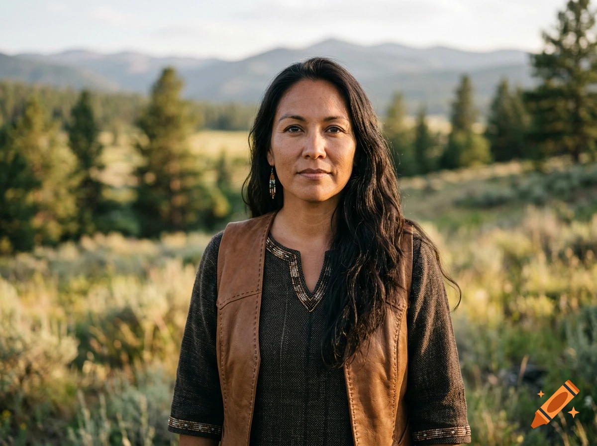 Photorealistic portrait of a Native American woman standing in a field with mountains in the background during golden hour.