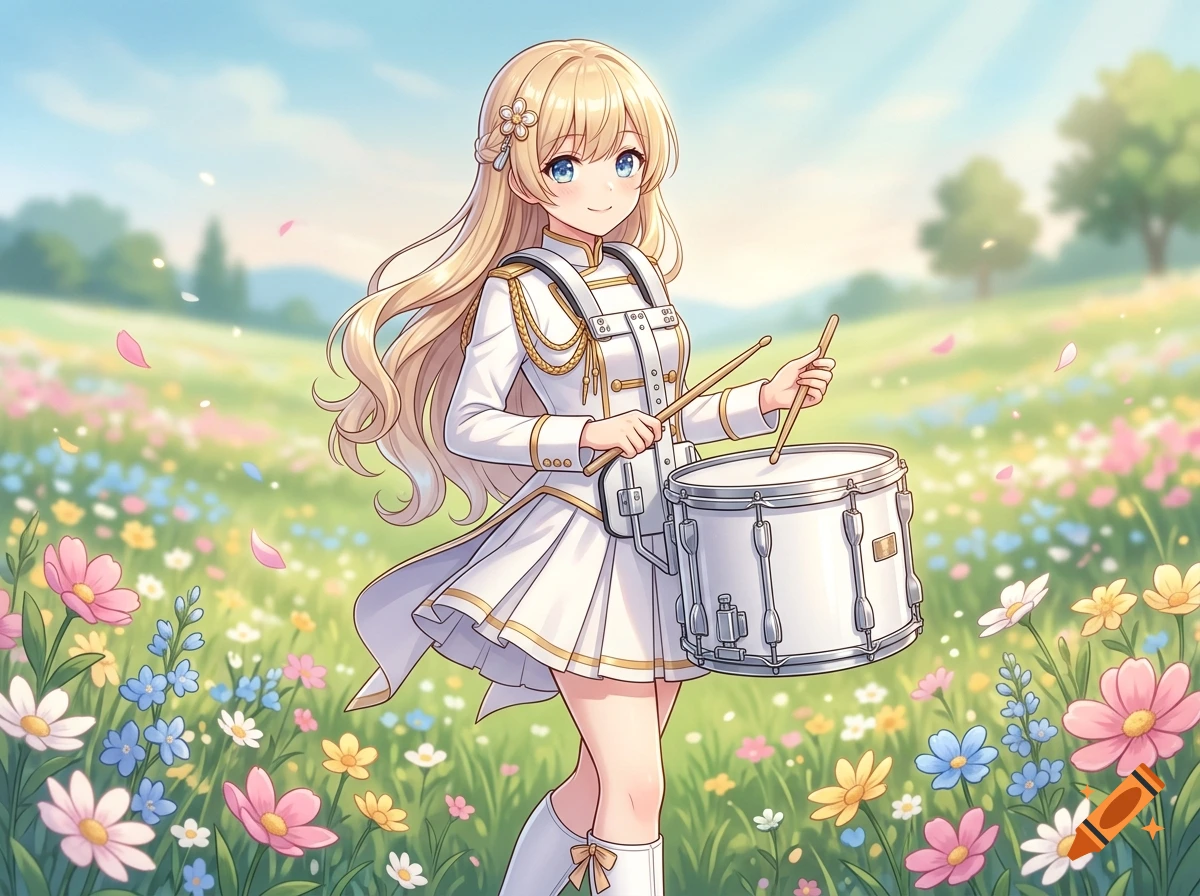 Anime illustration of a blonde girl in a white marching band uniform playing a drum in a flower field.