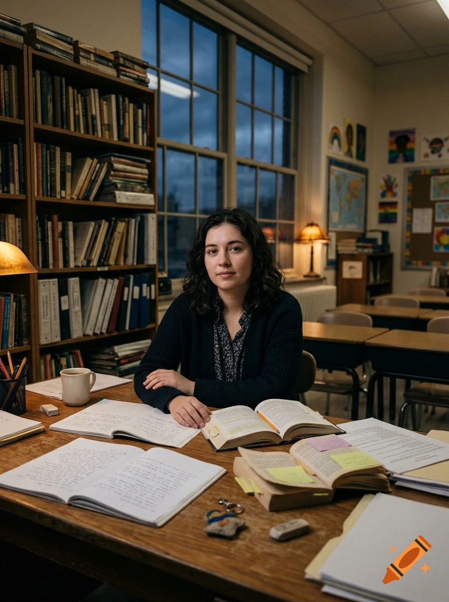 A young female teacher sits at a wooden desk filled with open notebooks in a classroom with bookshelves and windows.